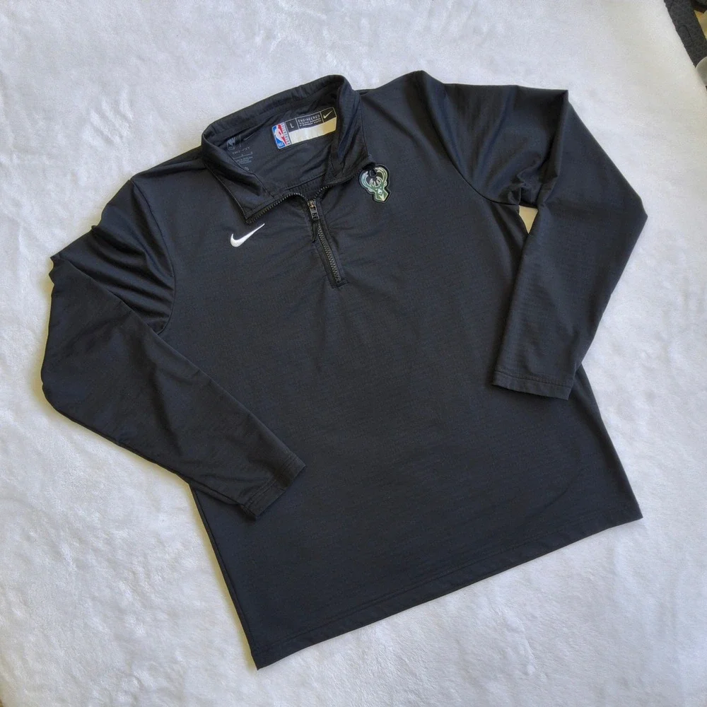 Nike Milwaukee Bucks Quarter Zip Pullover Mens Large Black NBA Dri-FIT Textured